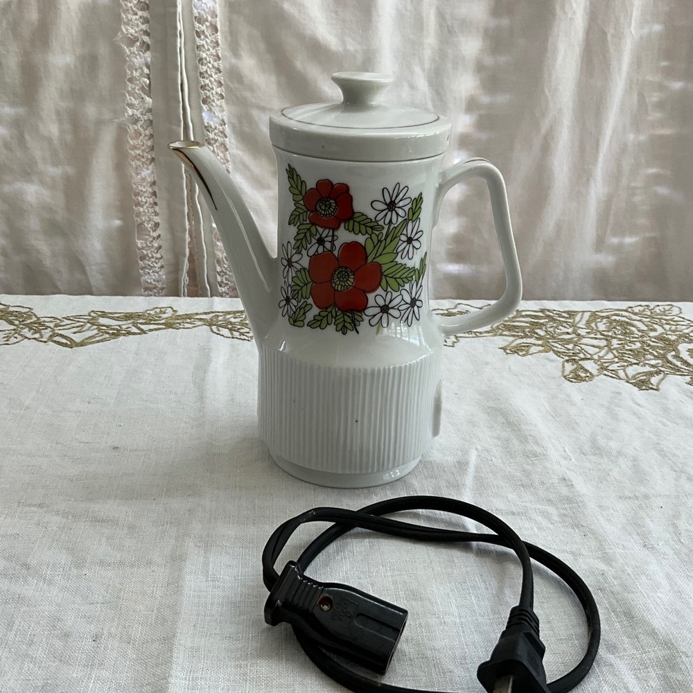 Vintage Maruka Minamiyama Electric Ceramic Teapot Floral Poppy Daisy Kettle MCM